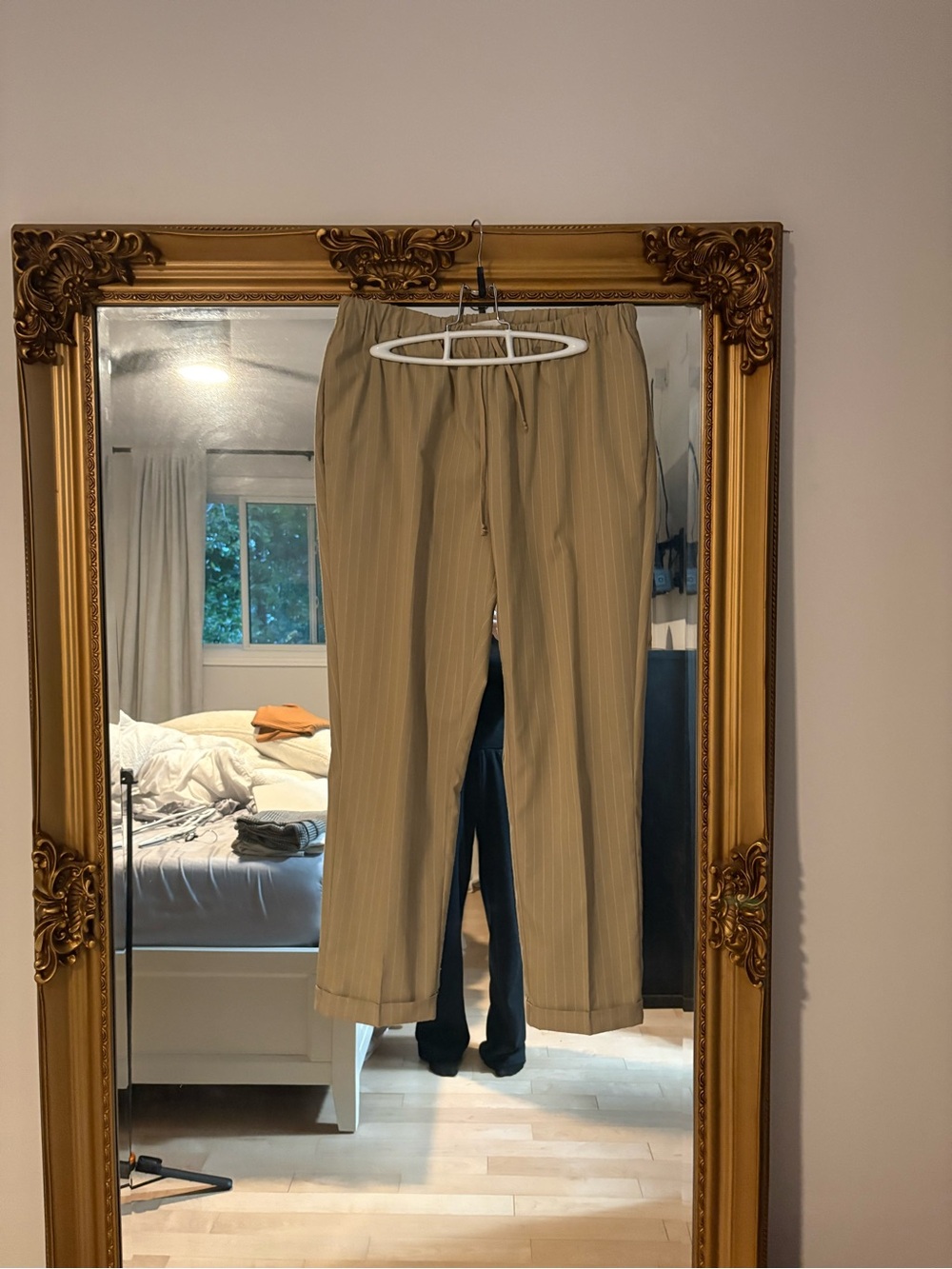 OAK + FORT Women's Cropped Drawstring Pinstripe Pants in Light Tan